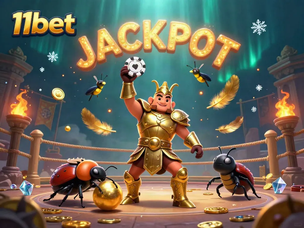 11bet showcases a victory scene with a cartoon beetle lifting a poker chip, surrounded by elements of online casino gaming.