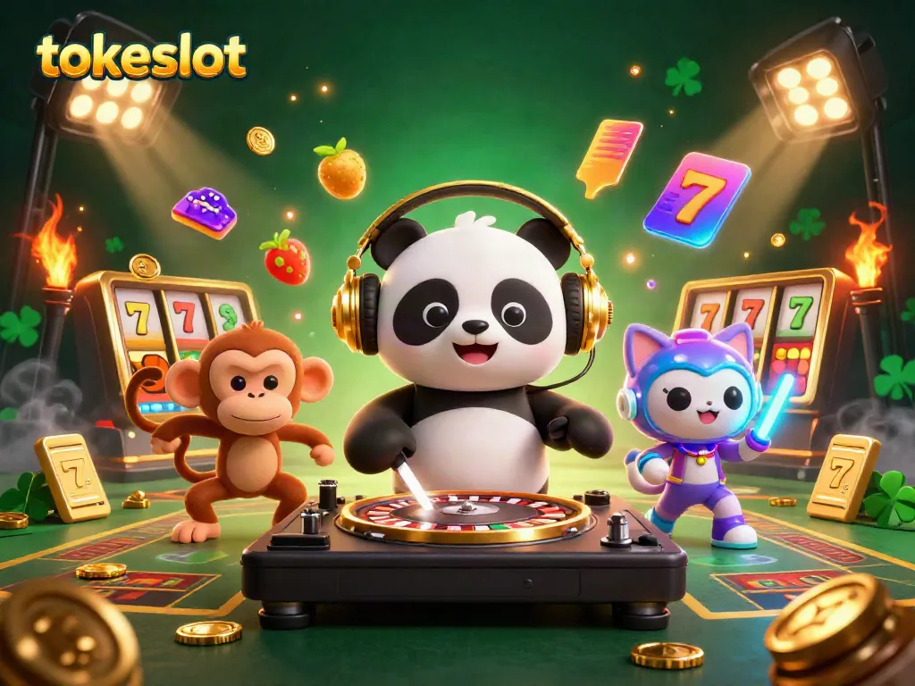 Rasakan keseruan bermain slot di Tokeslot dengan karakter panda DJ dan elemen permainan menarik.
