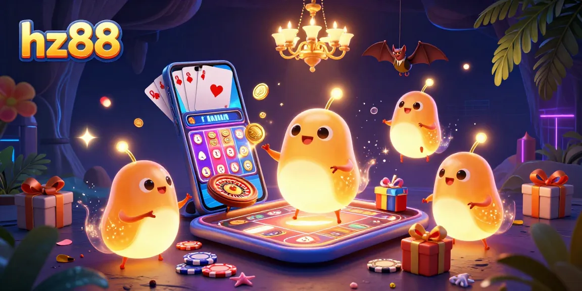 Experience vibrant gaming adventures at hz88 with a cartoon glowworm casino scene illuminating excitement.