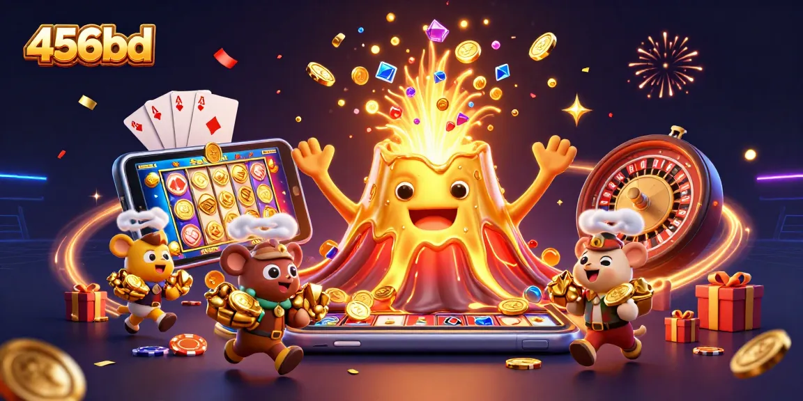 Experience the thrill of 456bd as the golden volcano erupts with treasures in a vibrant casino scene.