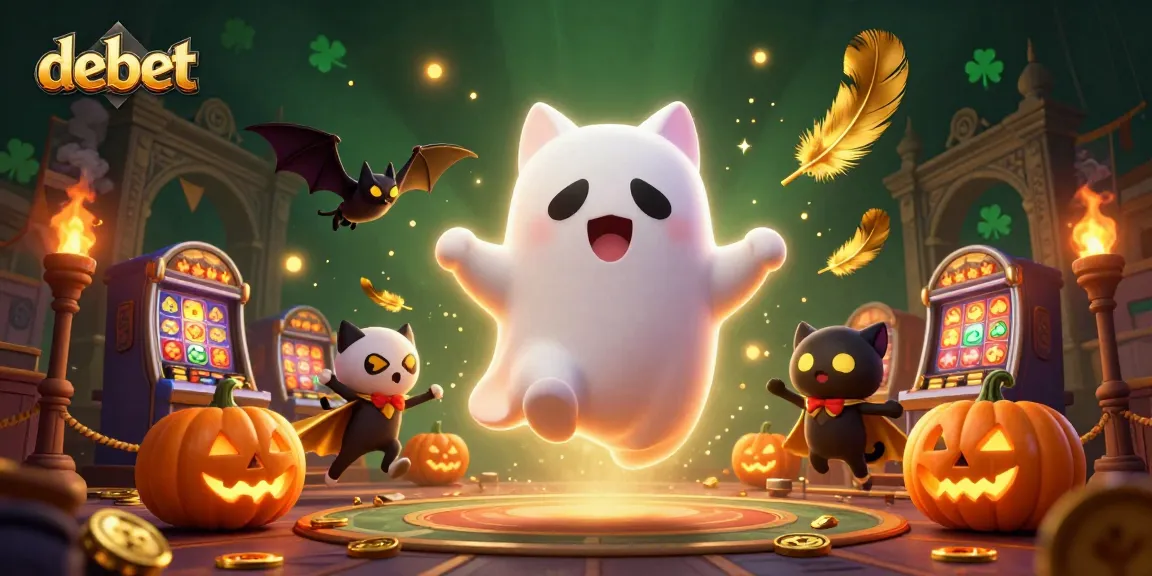 Play debet with vibrant ghost cat and vampire bat in a haunted casino ambiance.