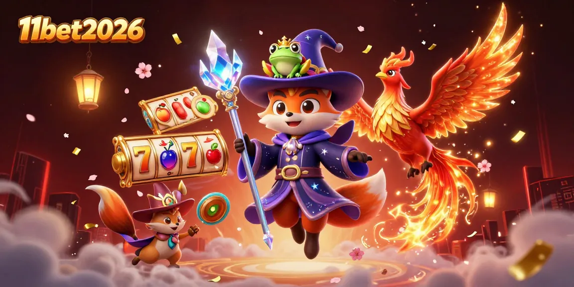 Experience the thrilling world of 11bet2026 with a stunning 3D illustration featuring a wizard fox and a phoenix.