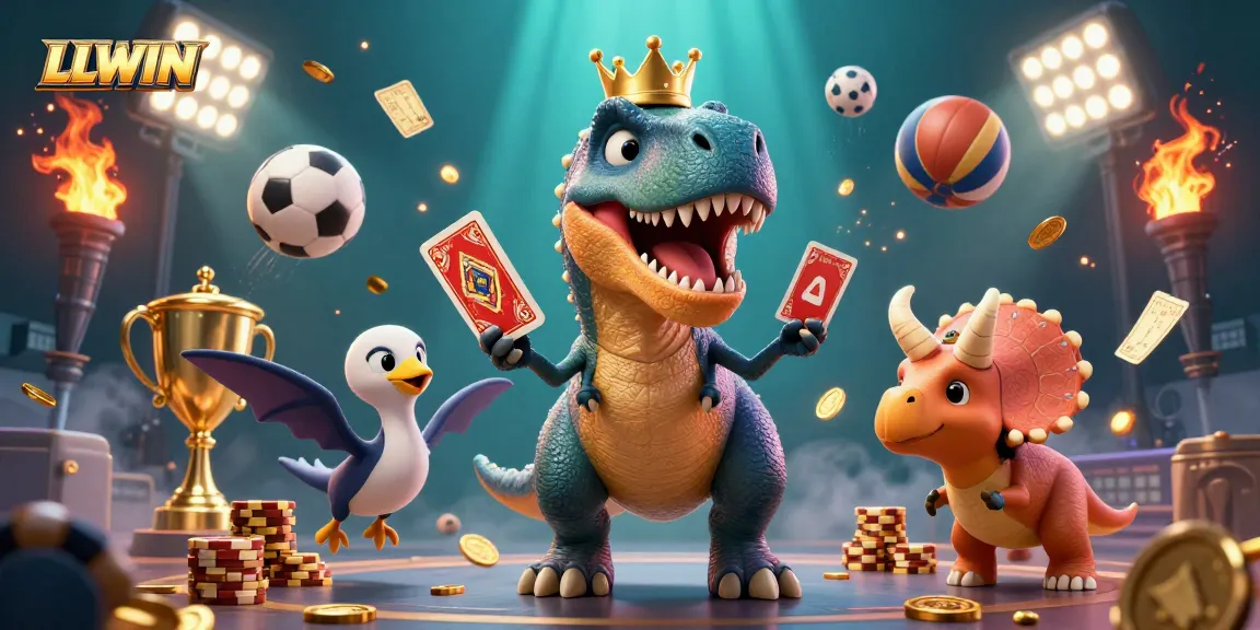 LLWIN's engaging T-Rex card shuffling and winning sports bets with vibrant, dynamic casino elements.