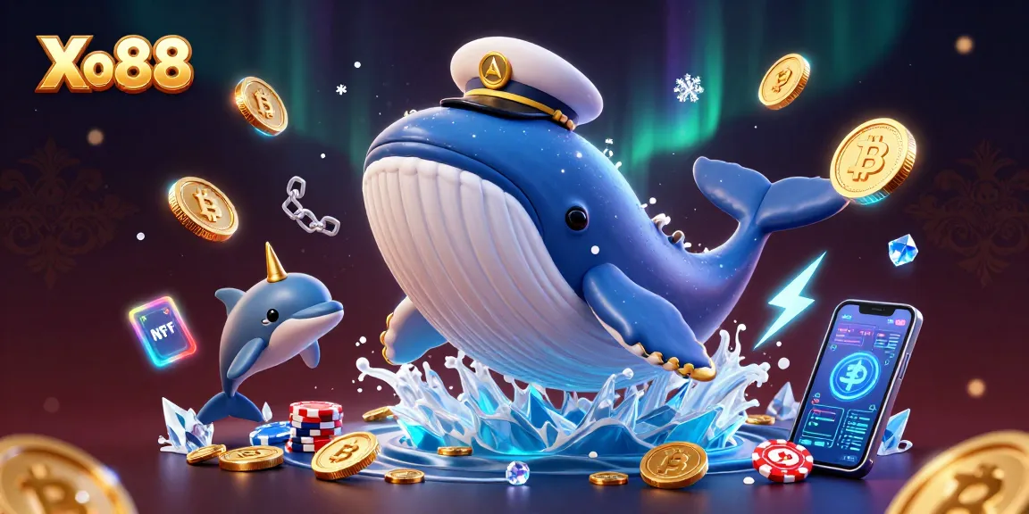Xo88 captivates with a vibrant 3D scene of a whale, narwhal, and dolphins among crypto coins and casino elements.