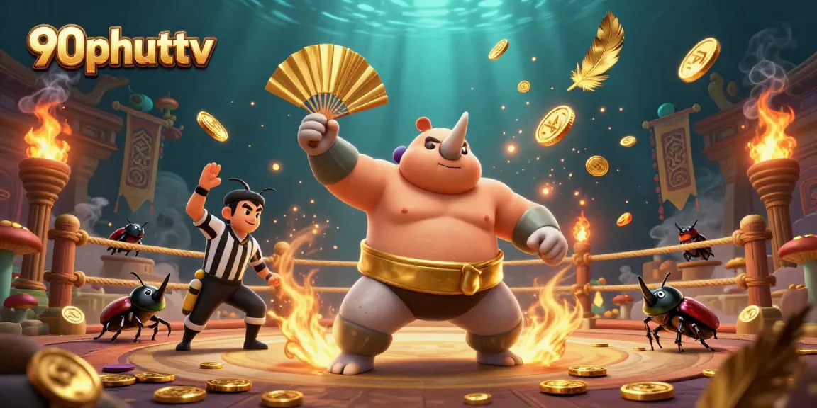 Experience thrilling moments with 90phuttv as a rhinoceros beetle sumo champion stomps gold coins in a vibrant casino scene.