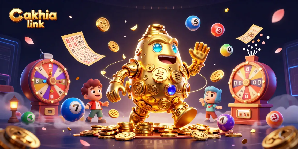 Cakhia link showcases a thrilling casino scene with a golden golem and colorful lottery elements.