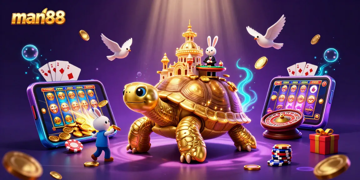 man88's vibrant casino scene with a golden tortoise, rabbit dealer, and flying coins