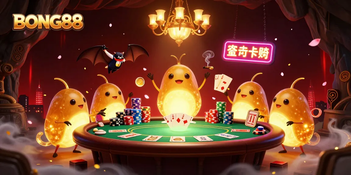 Experience thrilling gameplay with BONG88 in a vibrant cave casino, illuminated by unique glowworms and a bat dealer.