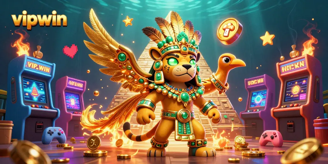 Engage with vipwin's vibrant 3D casino gaming scene featuring a Mayan jaguar priest and gaming elements.