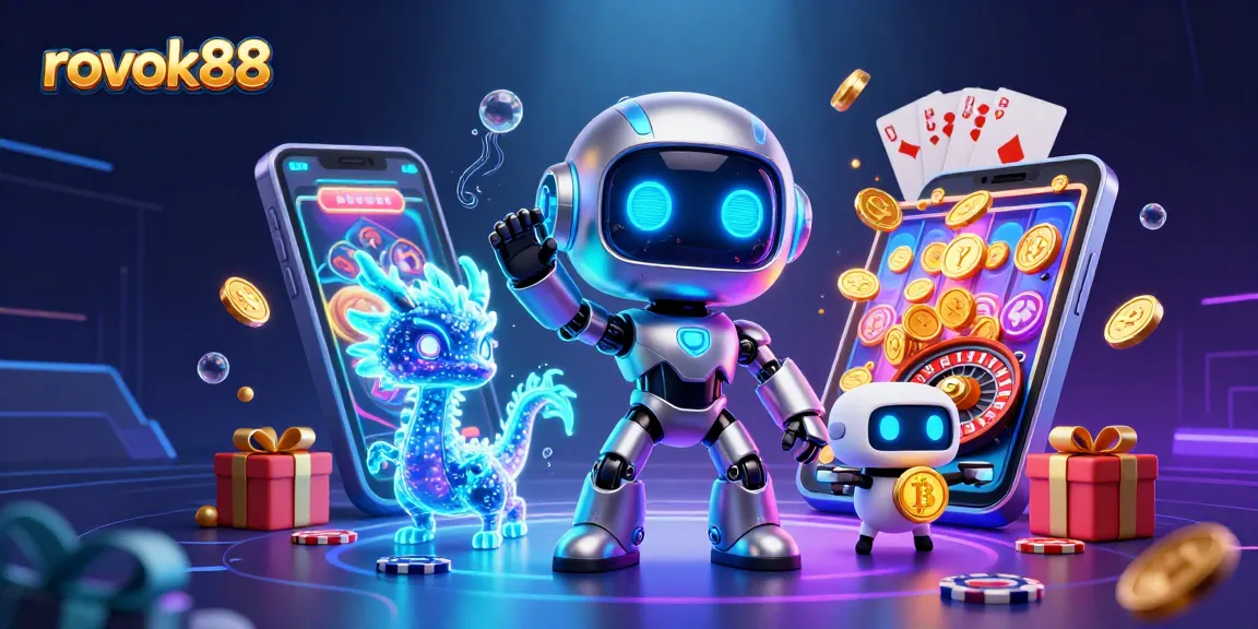 Experience the thrill of rokok88 with a cyberpunk robot and gaming elements in a vibrant casino scene.