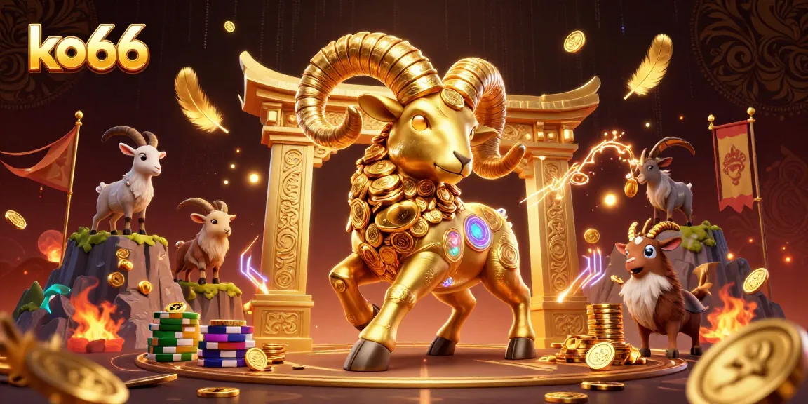 Engage with the vibrant ko66 casino scene featuring a golden ram charging past golden gates.