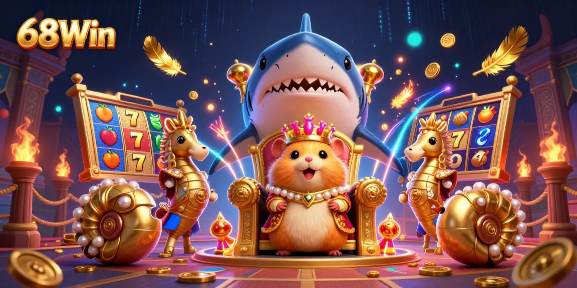 Experience thrilling wins with 68Win's vibrant casino scene showcasing slot reels and a hamster king.