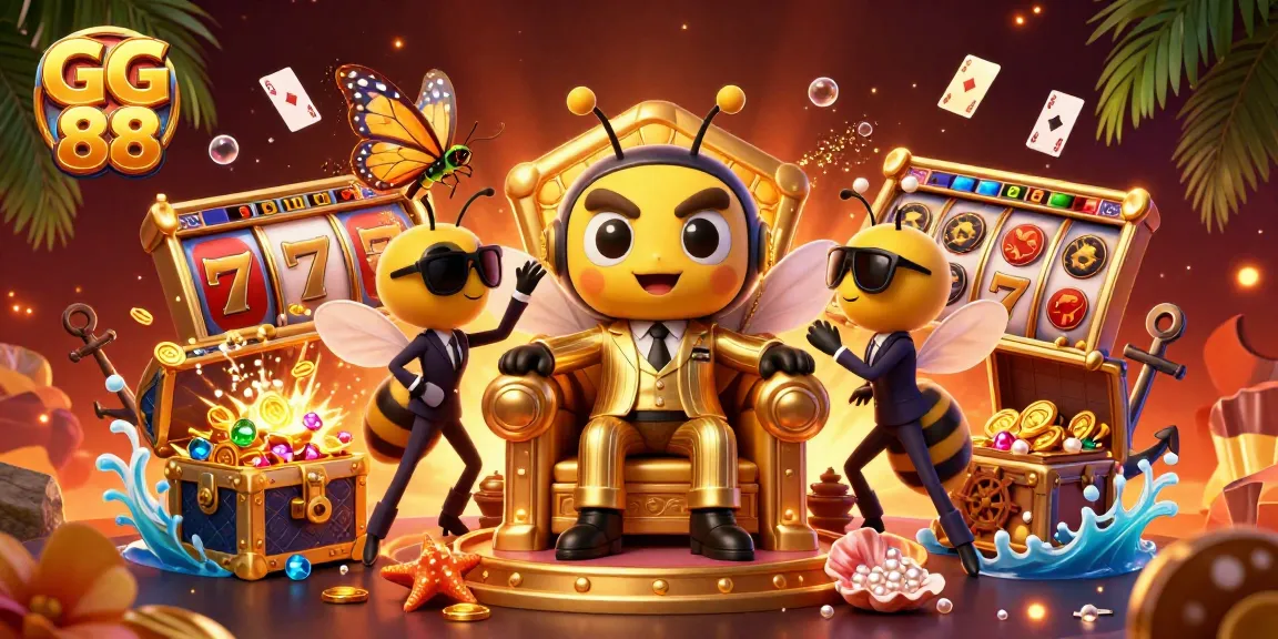 Experience the excitement of GG 88 with a vibrant casino-themed 3D illustration featuring unique characters amidst dynamic gameplay elements.