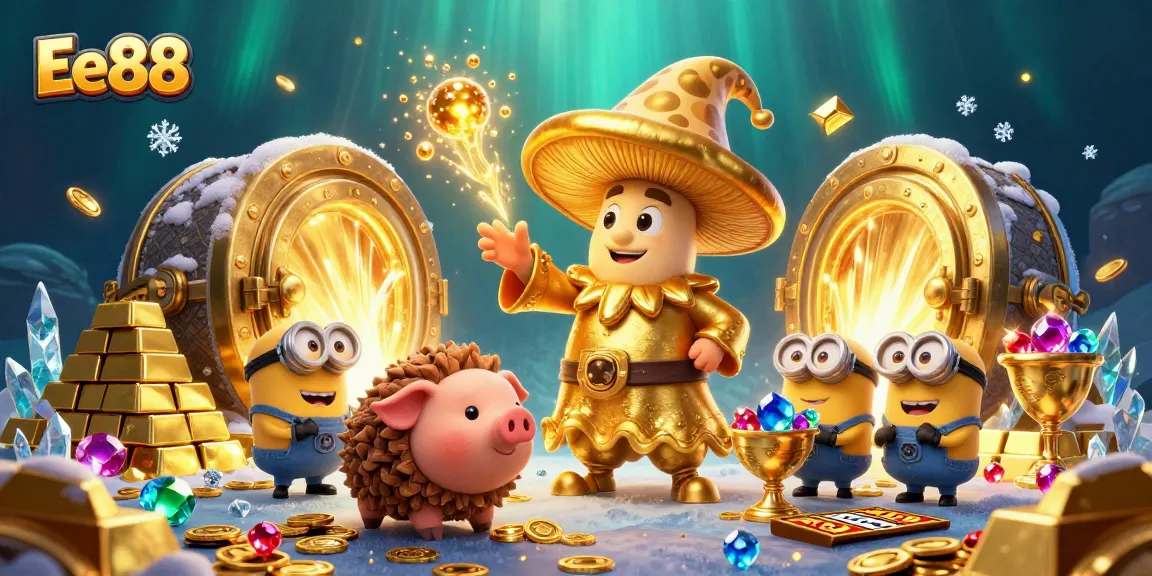 Engage with Ee88’s vibrant casino adventure featuring a golden mushroom wizard and treasure-filled slots.