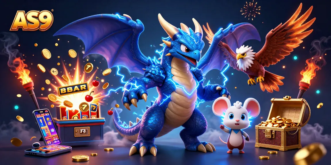 AS9 features a thunder dragon, wind hawk, and thunder mouse in a vibrant casino scene.