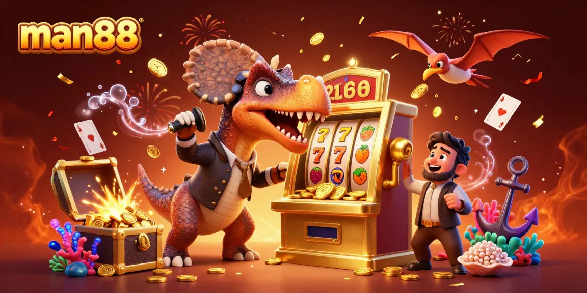 Experience jackpot excitement with man88 as characters play slots amongst treasure and confetti.
