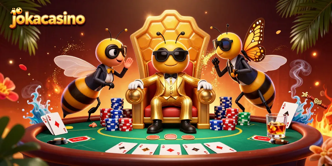 Experience thrilling poker action at jokacasino with an energetic bumblebee mob boss and vibrant casino elements.