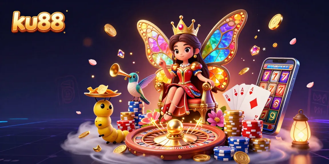 Experience the excitement of ku88 with a vibrant 3D casino illustration featuring a butterfly queen and gaming elements.