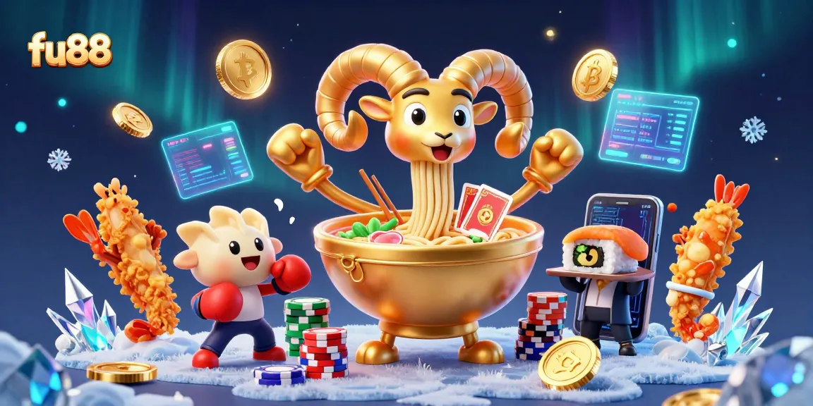 fu88's vibrant casino scene featuring a giant golden ramen bowl dealer and crypto elements