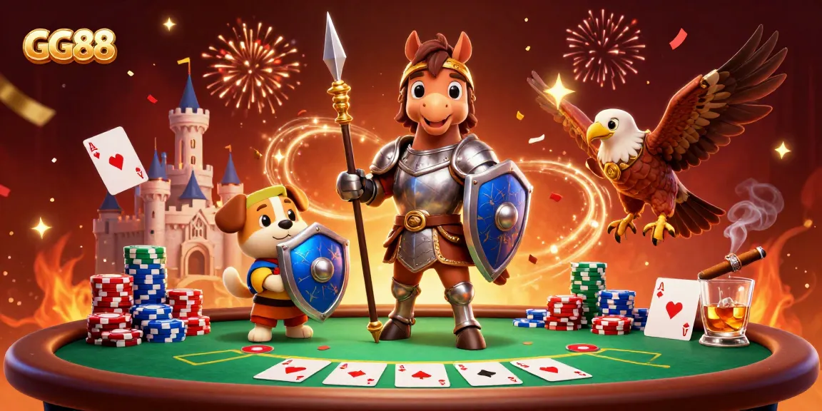 Engage in exhilarating gaming at GG88 with a knight, puppy, and falcon amidst poker action.
