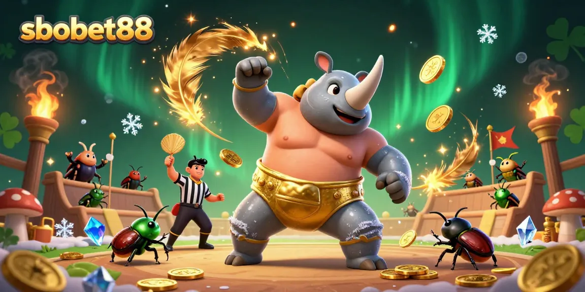 sbobet88 features a vibrant scene of a rhinoceros beetle champion amidst exciting betting action.