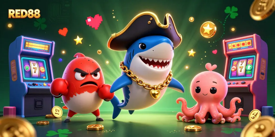 Engage with RED88's vibrant arcade and casino adventure featuring playful characters and exciting game elements.