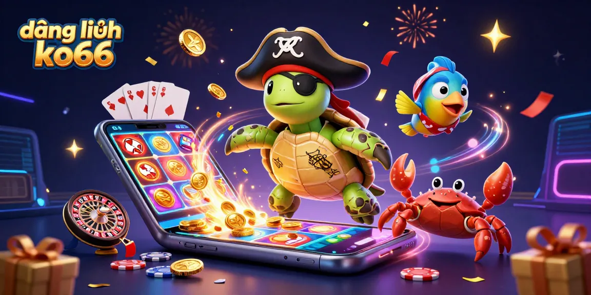 Engage in fun with đăng nhập ko66 as a cartoon turtle and friends celebrate in a vibrant casino-themed scene.