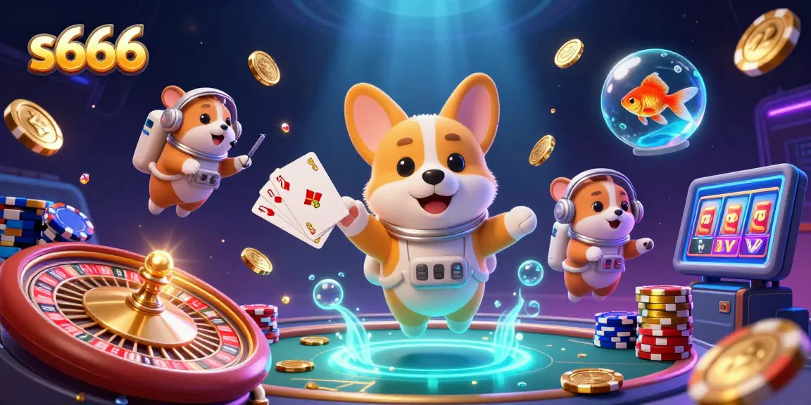 Experience thrilling casino games with s666 in this vibrant 3D illustration featuring floating characters and game elements.