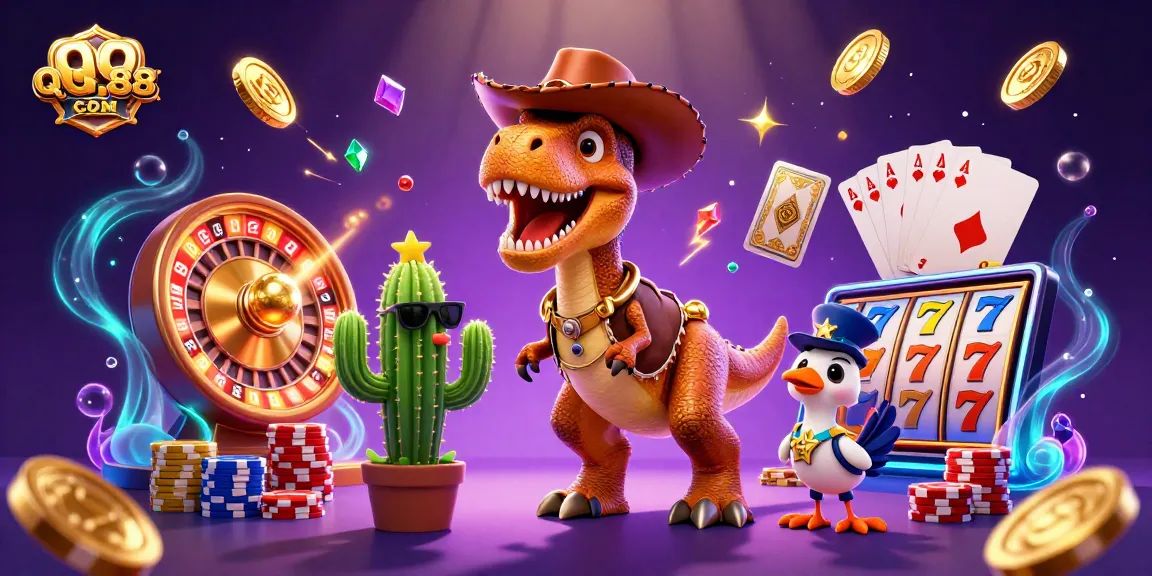 Engage with thrilling gaming at QQ88COM featuring a vibrant T-Rex and casino action.