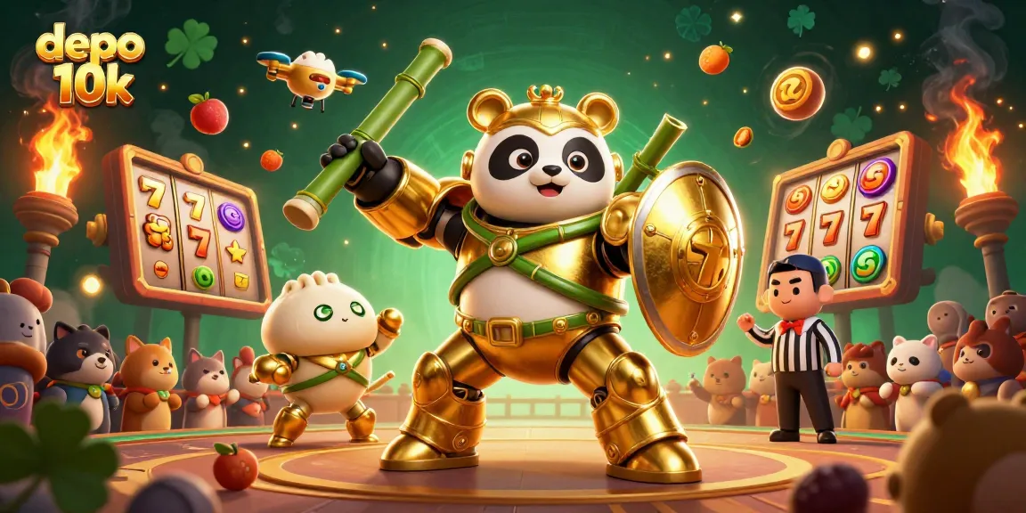 Experience the excitement of depo 10k slots as a golden panda battles in a vibrant casino arena.