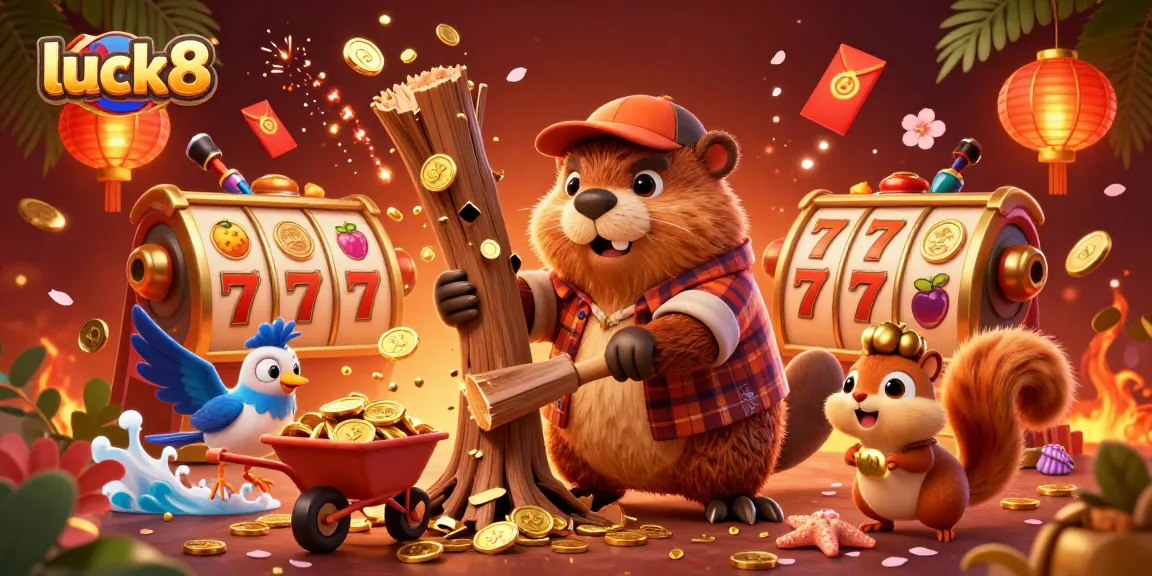 Experience luck8's rich gaming atmosphere with animated characters and vibrant slot reels collecting gold.