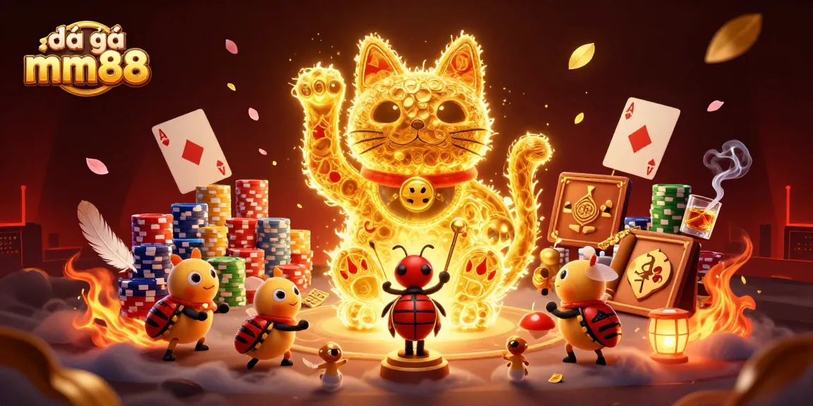 Engage in đá gà mm88 action with a vibrant illustration of a lucky cat and dynamic casino elements.
