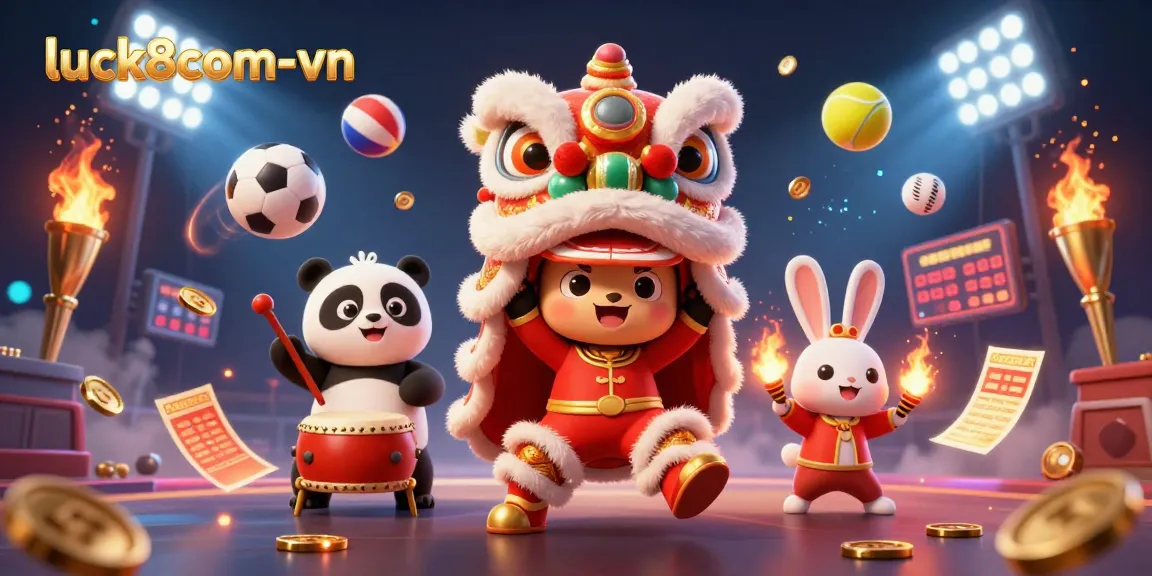 Experience the excitement of luck8com-vn with a lion dance, sports elements, and colorful decorations in a vibrant 3D scene.
